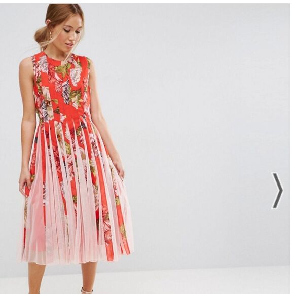 ASOS Dress Womens Petite Size 2 Red Floral Mesh Insert Fit and Flare Midi New - Picture 1 of 14